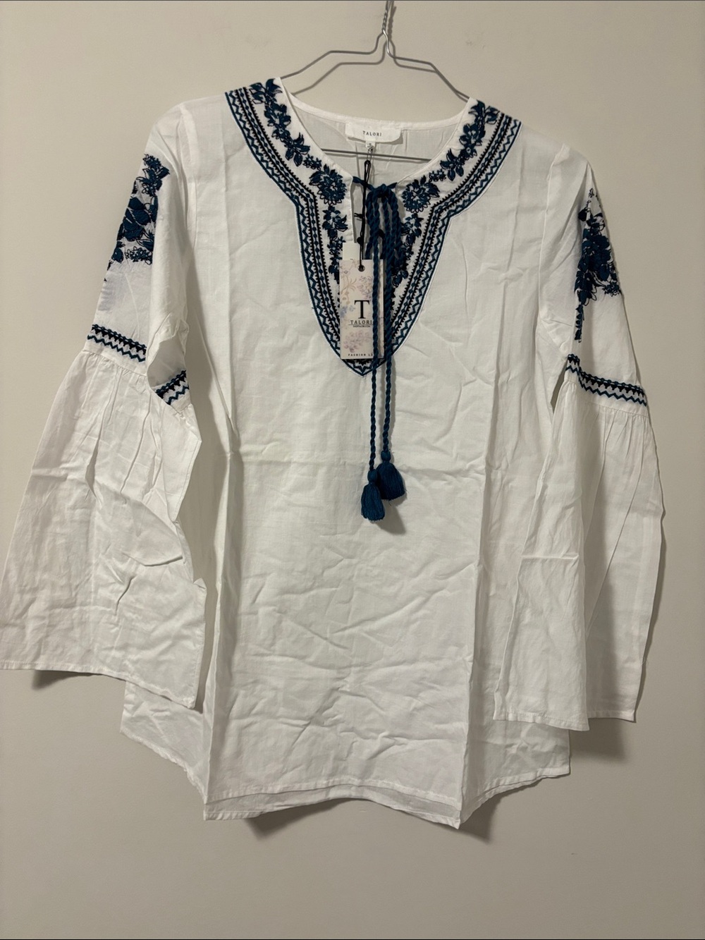 Talori White Tunic Top with Navy Embroidery
